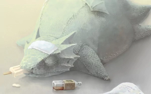 A whimsical dragon creature, adorned with a face mask, indulgently enjoying ice cream, set against a soft background—infusing humor and fantasy into this HD desktop wallpaper.
