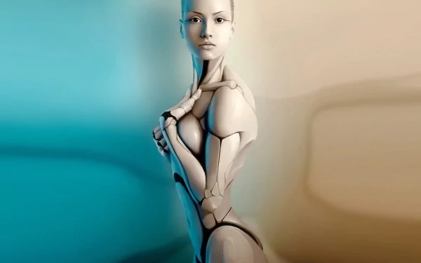 A striking sci-fi cyborg figure stands in an artistic pose, set against a gradient background, creating a captivating HD desktop wallpaper.