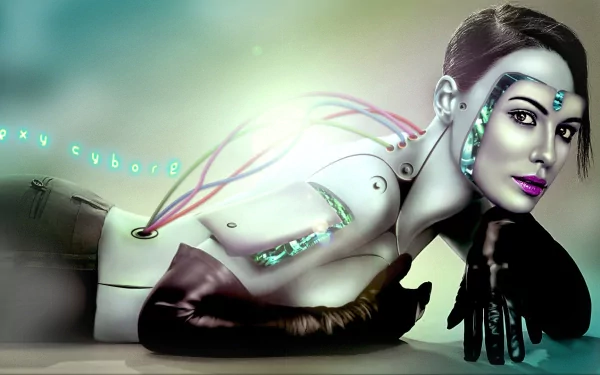 HD sci-fi desktop wallpaper featuring a sleek female cyborg with glowing circuits and wires integrated into her futuristic design.