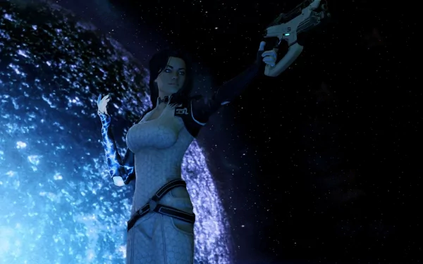 Miranda Lawson from Mass Effect 2 poses confidently with a weapon, set against a stunning backdrop of galaxies, creating a striking HD PC desktop wallpaper.
