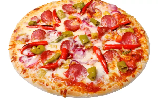 A vibrant 4K Ultra HD image of a freshly baked pizza topped with pepperoni, green olives, red bell peppers, and melted cheese on a white background.