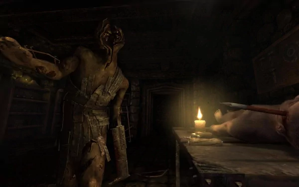 HD PC desktop wallpaper featuring a dark, eerie scene from the video game Amnesia: The Dark Descent, highlighting a sinister creature in a dimly lit room.