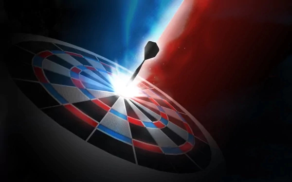 HD desktop wallpaper of a man-made dartboard with a dart striking the bullseye, highlighted by dynamic blue and red lighting effects.