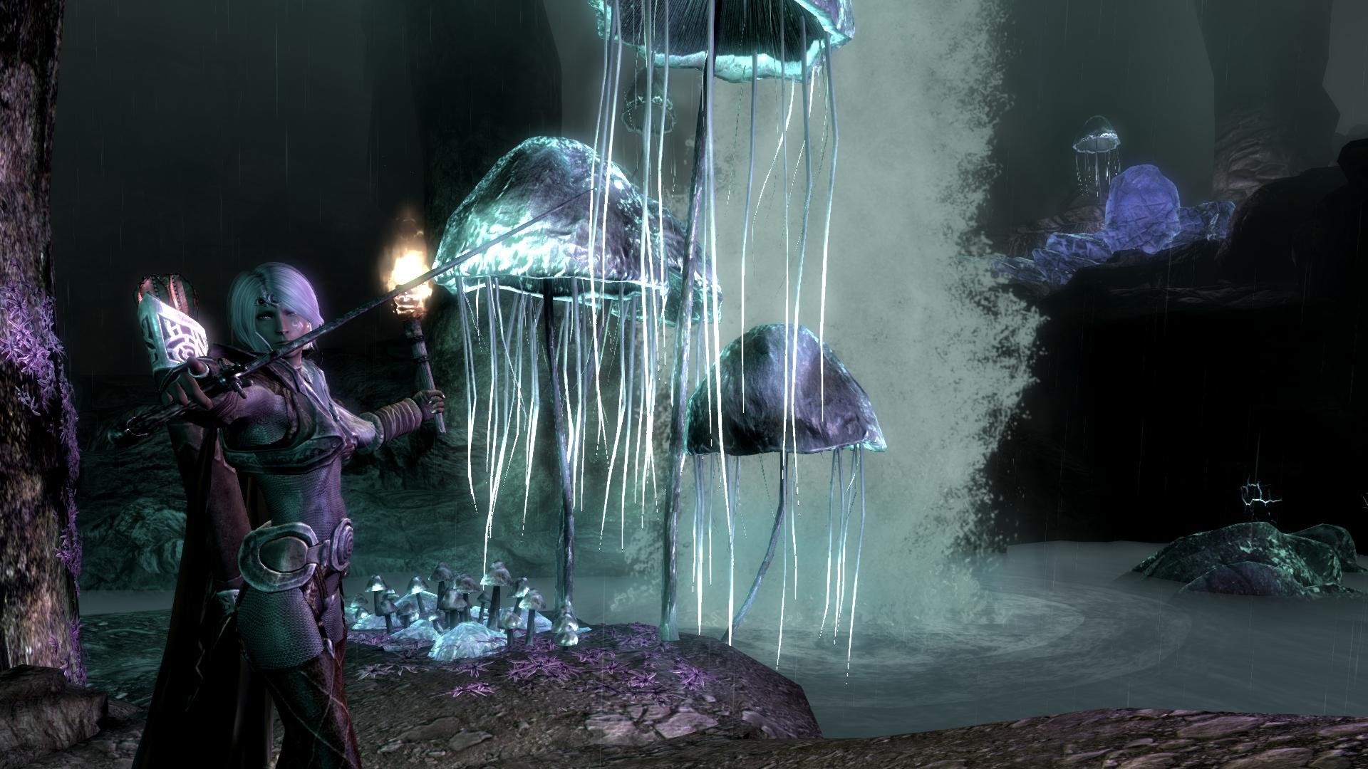 A captivating HD desktop wallpaper from The Elder Scrolls V: Skyrim, showcasing a character illuminating a mystical cave filled with glowing jellyfish and enchanting flora.
