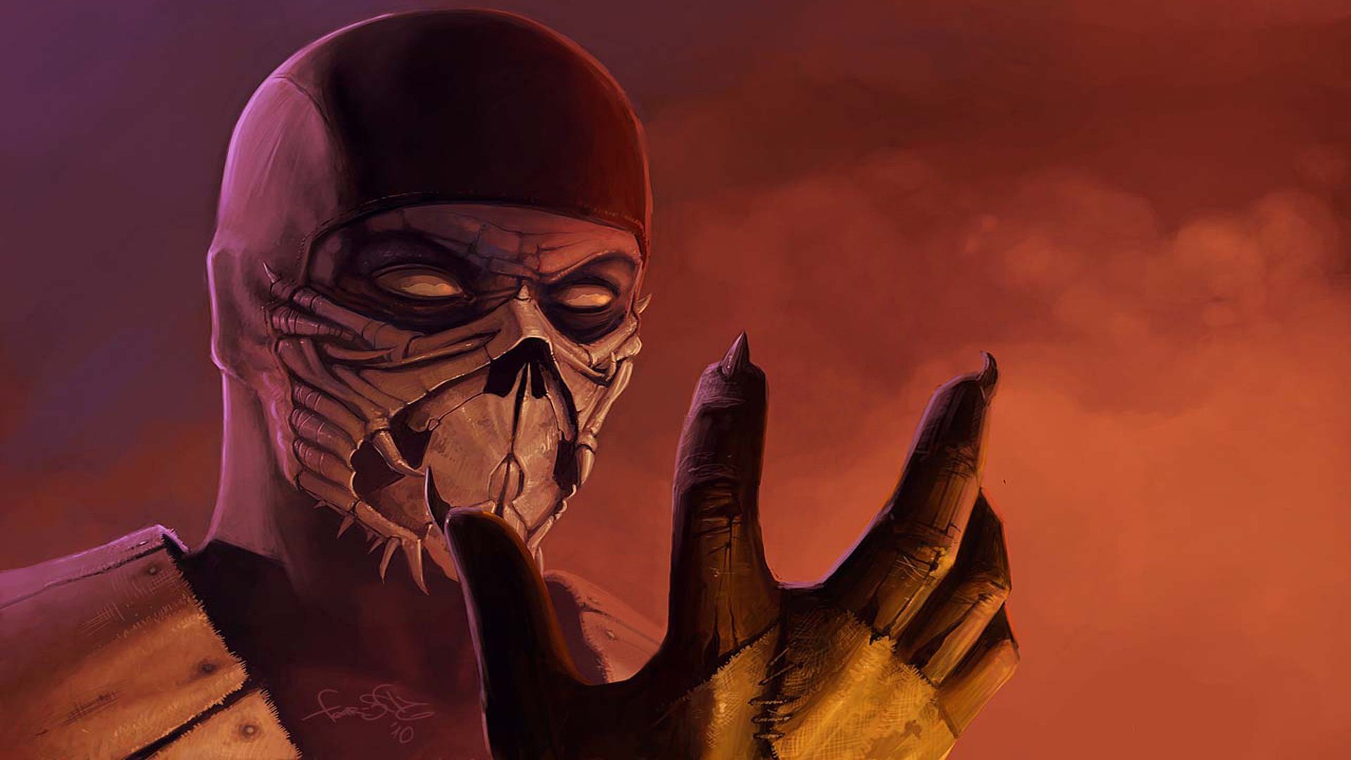 HD PC desktop wallpaper featuring a menacing Mortal Kombat character with a skull mask against a fiery red background.