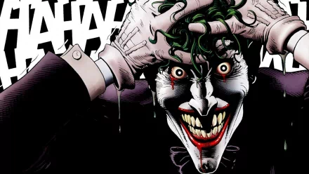 A high-definition desktop wallpaper featuring the Joker from the comic Batman: The Killing Joke, displaying his iconic maniacal expression with a background of chaotic laughter.