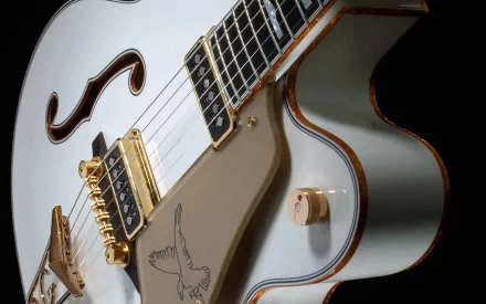 A high-definition wallpaper featuring a close-up of a white electric guitar with intricate details and golden hardware, tagged with music and guitar.