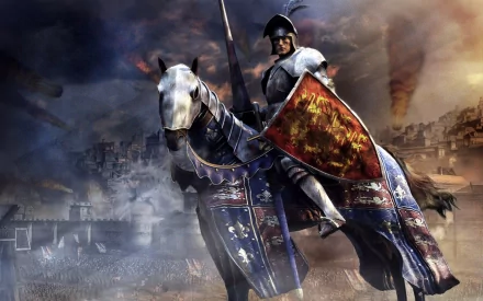 A knight in shining armor rides a powerful horse amid a dramatic fantasy landscape, complete with swirling smoke and a distant battlefield, making for an engaging HD desktop wallpaper.