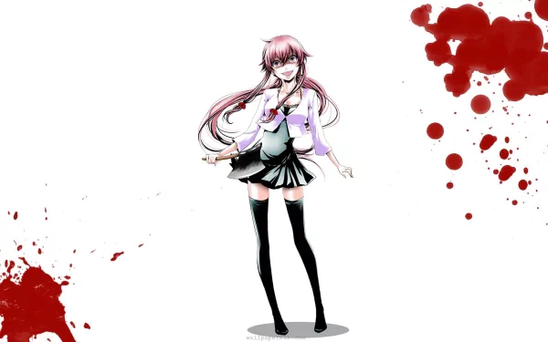 HD anime wallpaper featuring Yuno Gasai from Mirai Nikki, smiling in a black dress and thigh boots against a white background with red blood splatters.