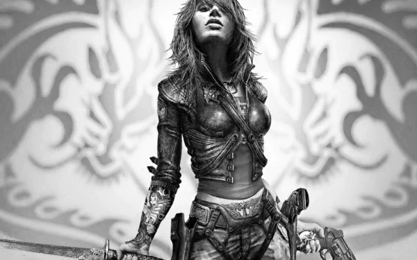 HD PC desktop wallpaper featuring a strong female character from the video game Wet, holding weapons with a dynamic, intense pose against a stylized background.