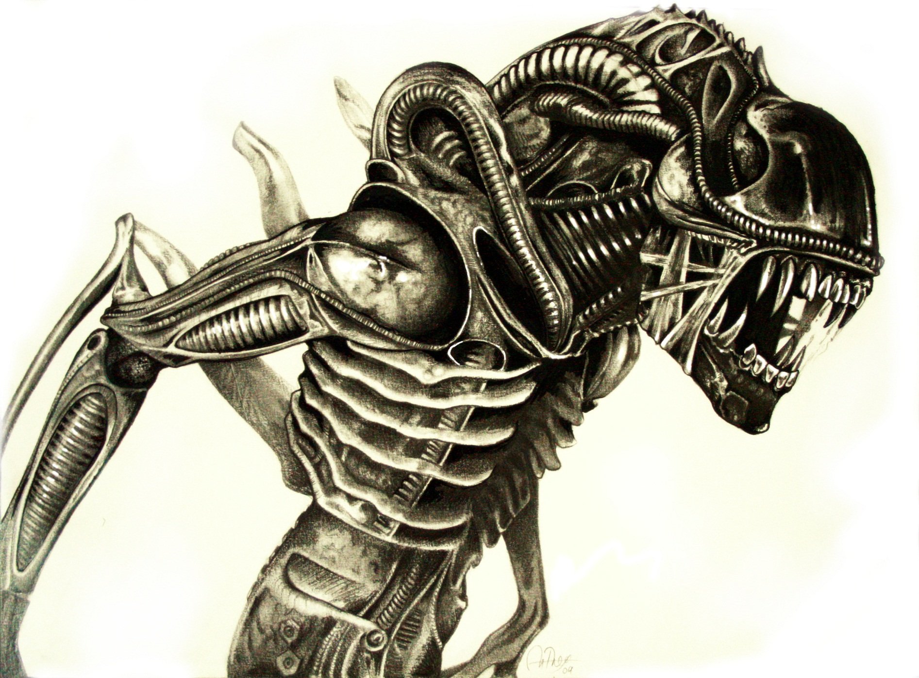 HD PC desktop wallpaper featuring a detailed, biomechanical sci-fi alien creature with intricate textures and menacing features.