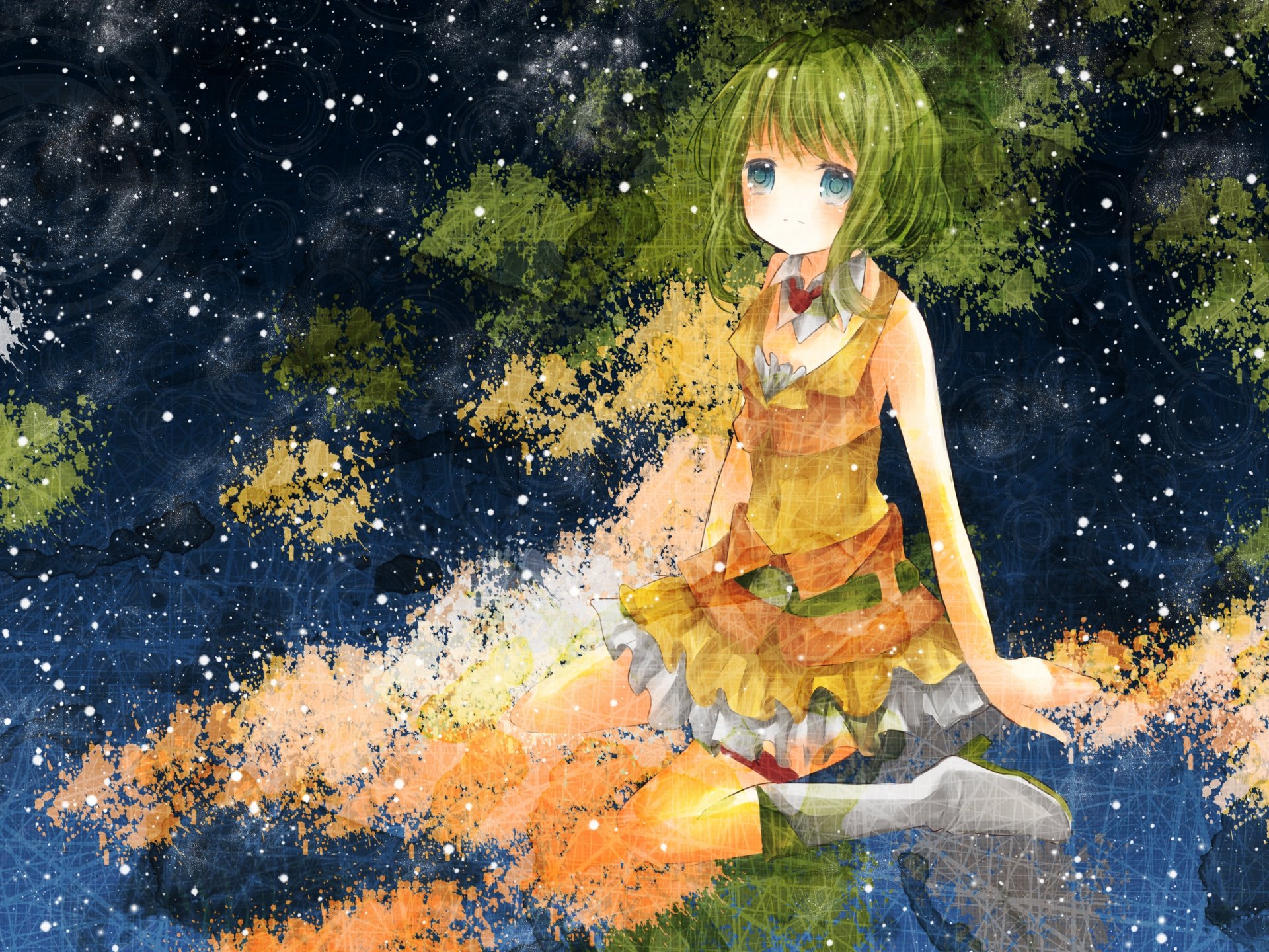 HD anime-style Vocaloid character with greenish hair and a layered orange outfit, set against a starry night sky background, designed as a PC desktop wallpaper.