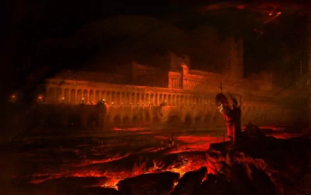 Dark hellscape HD PC desktop wallpaper/background: molten rivers and smoldering classical ruins beneath a blood-red sky, a lone figure stands on jagged volcanic rock.