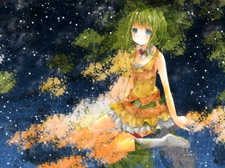 HD anime-style Vocaloid character with greenish hair and a layered orange outfit, set against a starry night sky background, designed as a PC desktop wallpaper.