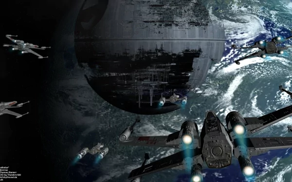An epic HD scene featuring X-Wing starfighters engaging near the Death Star, set against a dynamic space backdrop. A striking visual for any Star Wars fan.