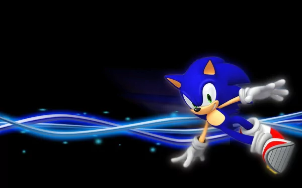 HD desktop wallpaper featuring Sonic the Hedgehog from the video game Sonic Unleashed, set against a dynamic black background with blue streaks of light.