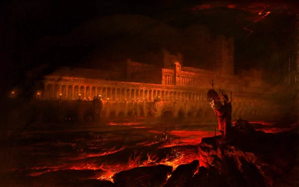 Dark hellscape HD PC desktop wallpaper/background: molten rivers and smoldering classical ruins beneath a blood-red sky, a lone figure stands on jagged volcanic rock.