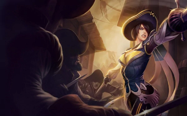 HD PC desktop wallpaper featuring Fiora from League of Legends in dynamic action, set against a dark, intense background from the video game.