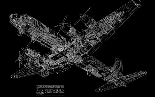 HD PC desktop wallpaper featuring a detailed military schematic of the Douglas DC-7 aircraft in white lines on a black background.