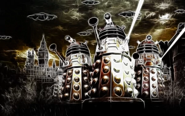 Stylized 4K Ultra HD PC desktop wallpaper showing three Daleks under stormy skies and lightning over the London skyline, TV show Doctor Who (2005) background art.