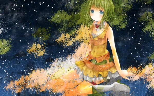 HD anime-style Vocaloid character with greenish hair and a layered orange outfit, set against a starry night sky background, designed as a PC desktop wallpaper.