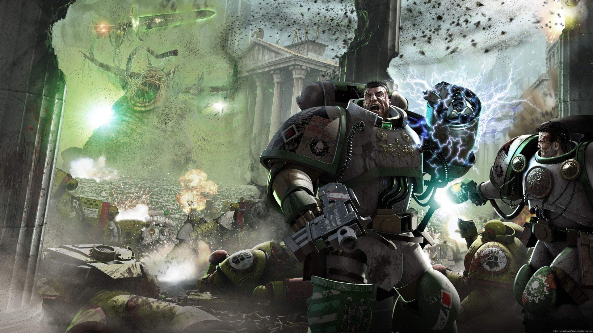 A dynamic HD wallpaper featuring characters from the video game Flight of the Eisenstein, set in the Warhammer universe during the Horus Heresy, showcasing intense battle scenes.