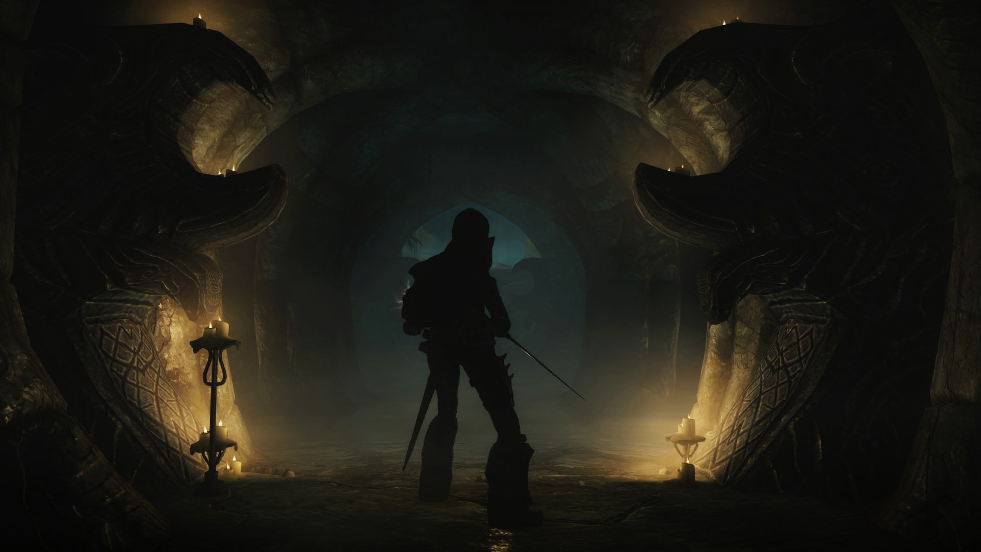 A dramatic silhouette of a character stands in a dark dungeon, illuminated by flickering torches, capturing the immersive atmosphere of The Elder Scrolls V: Skyrim.