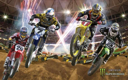 HD wallpaper showcasing motocross athletes in an action-packed race, with fireworks lighting up the stadium. Tags: motocross, sports, HD desktop wallpaper, background.