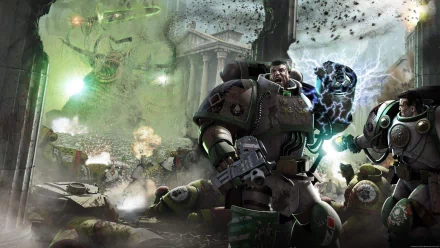 A dynamic HD wallpaper featuring characters from the video game Flight of the Eisenstein, set in the Warhammer universe during the Horus Heresy, showcasing intense battle scenes.