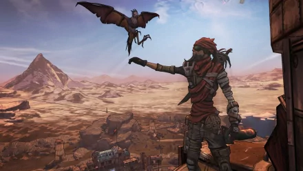 A character from Borderlands 2 stands on a high ledge, reaching out to a flying creature against a vast desert landscape, showcasing the vibrant art style of the game.