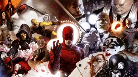 HD desktop wallpaper featuring Marvel Comics characters Iron Fist, Kingpin, Matthew Murdock, Bullseye, Elektra, Luke Cage, and Daredevil in a dynamic and vibrant comic-style artwork.