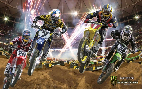 HD wallpaper showcasing motocross athletes in an action-packed race, with fireworks lighting up the stadium. Tags: motocross, sports, HD desktop wallpaper, background.