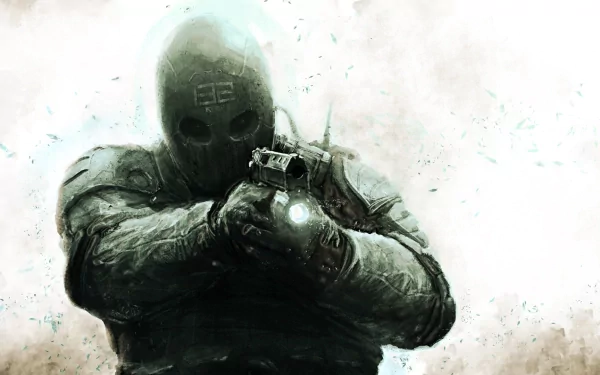 A futuristic warrior in a dark helmet aims a sleek weapon, set against a dynamic backdrop. This HD wallpaper embodies the essence of sci-fi action and adventure.