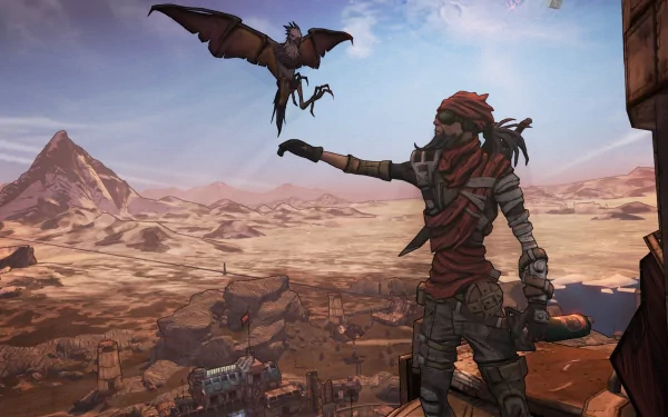 A character from Borderlands 2 stands on a high ledge, reaching out to a flying creature against a vast desert landscape, showcasing the vibrant art style of the game.