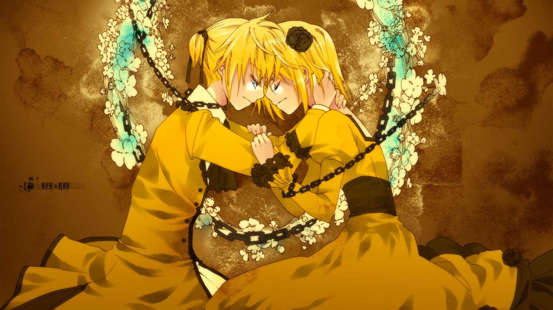 HD desktop wallpaper featuring Rin and Len Kagamine from Anime and Vocaloid, depicted in vibrant yellow outfits, intertwined against a floral and ornate background.
