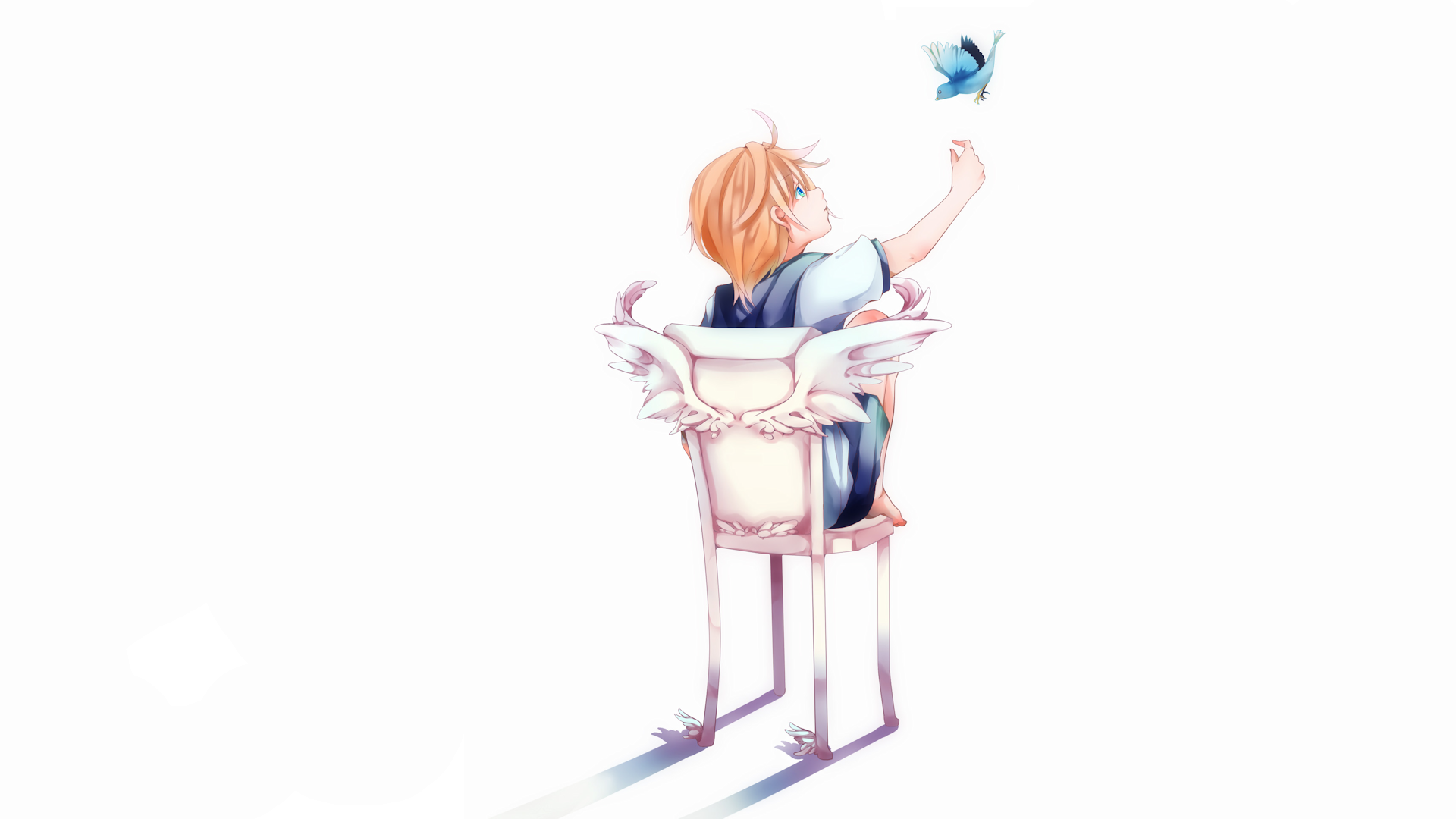 HD PC desktop wallpaper featuring anime-style Vocaloid character Len Kagamine sitting on a chair, reaching out to a blue butterfly against a bright white background.