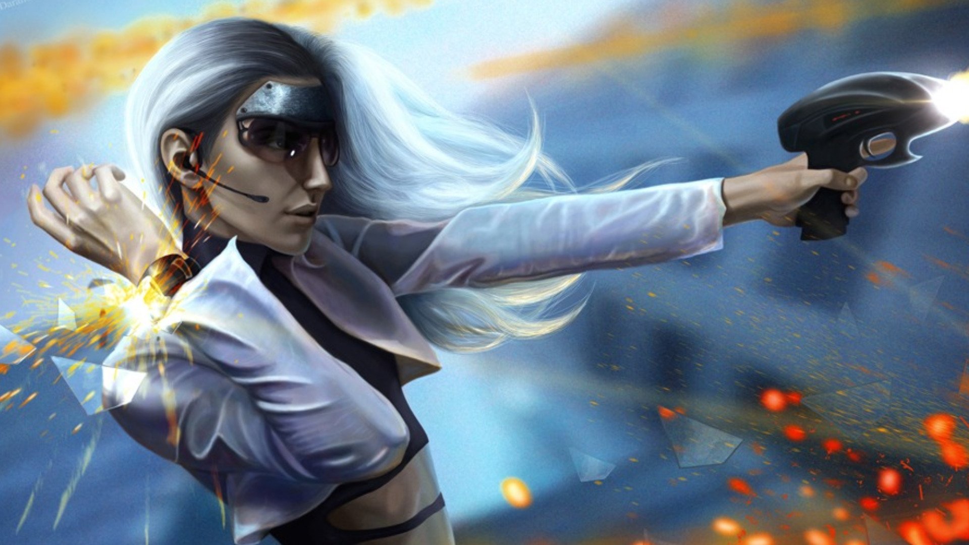 A sci-fi woman warrior with flowing white hair aims a futuristic weapon against a dynamic, fiery background in this HD PC desktop wallpaper.