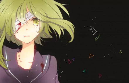 HD PC desktop wallpaper featuring anime-style Vocaloid character GUMI with green hair and a bandaged eye against a dark background with colorful geometric shapes.