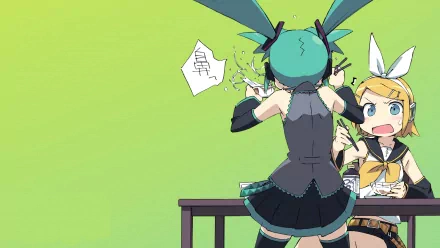 HD anime desktop wallpaper featuring Vocaloid characters Rin Kagamine and Hatsune Miku in a playful scene with a bright green background.