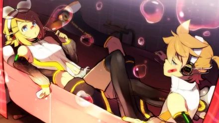 A vibrant HD wallpaper featuring twin Vocaloid characters, Rin and Len Kagamine, with blue eyes and blonde hair, wearing headphones, surrounded by playful bubbles in an anime-inspired scene.