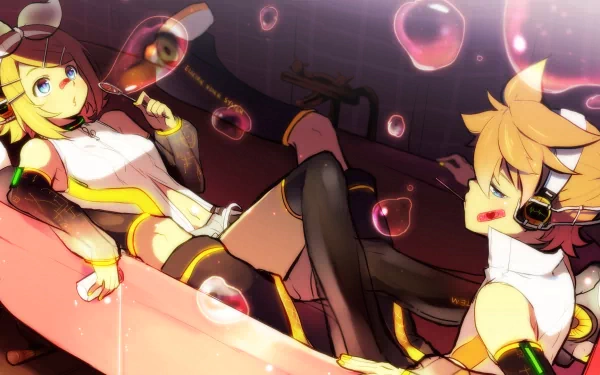 A vibrant HD wallpaper featuring twin Vocaloid characters, Rin and Len Kagamine, with blue eyes and blonde hair, wearing headphones, surrounded by playful bubbles in an anime-inspired scene.