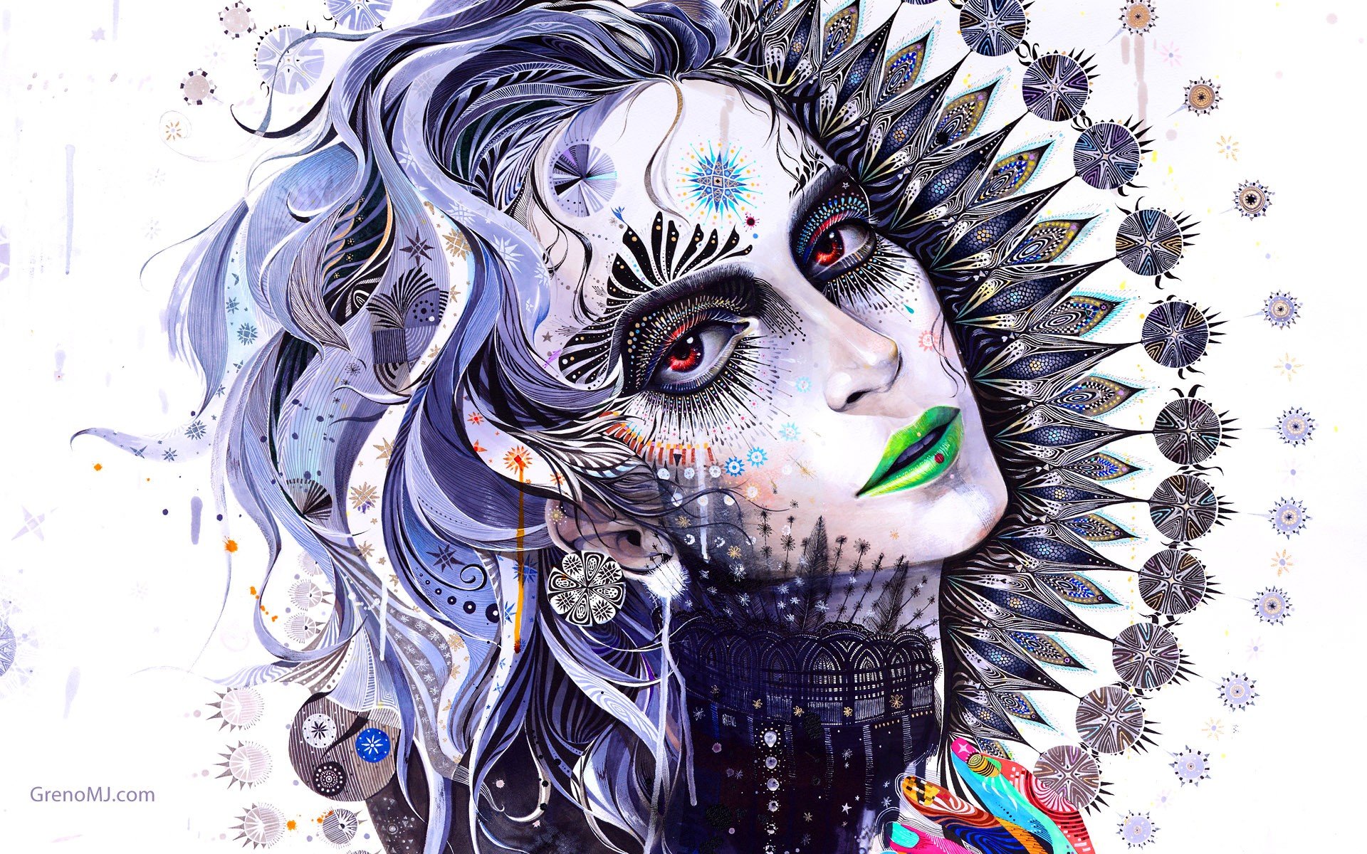 HD artistic desktop wallpaper of a woman with intricate, colorful face art and bold green lips, featuring elaborate patterns and a striking, surreal design.