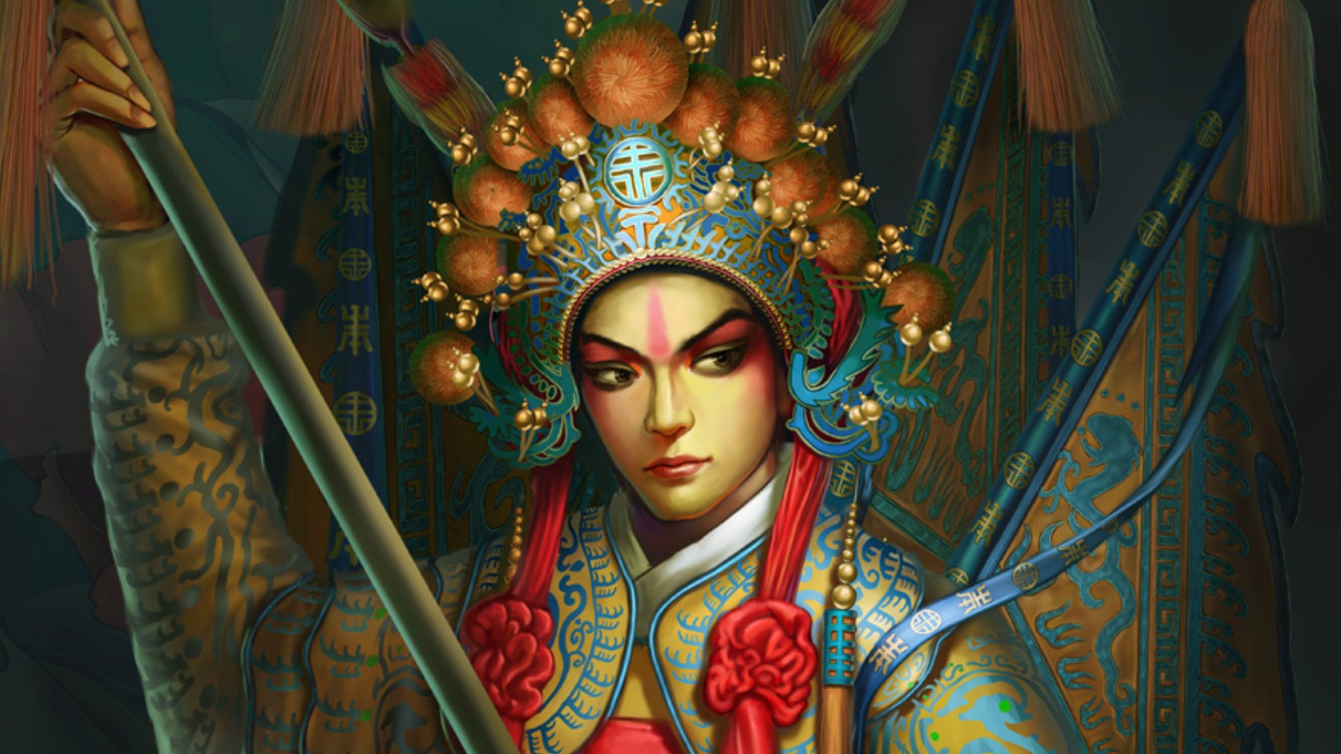 Fantasy-themed HD PC desktop wallpaper featuring a fierce woman in elaborate, ornate armor and headdress, holding a staff with intense focus and vibrant colors.