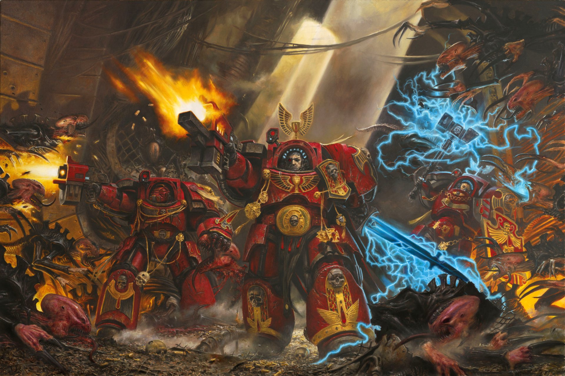 HD PC desktop wallpaper featuring intense Warhammer video game battle scene with armored warriors unleashing fiery and electric attacks in a dark, chaotic battlefield.