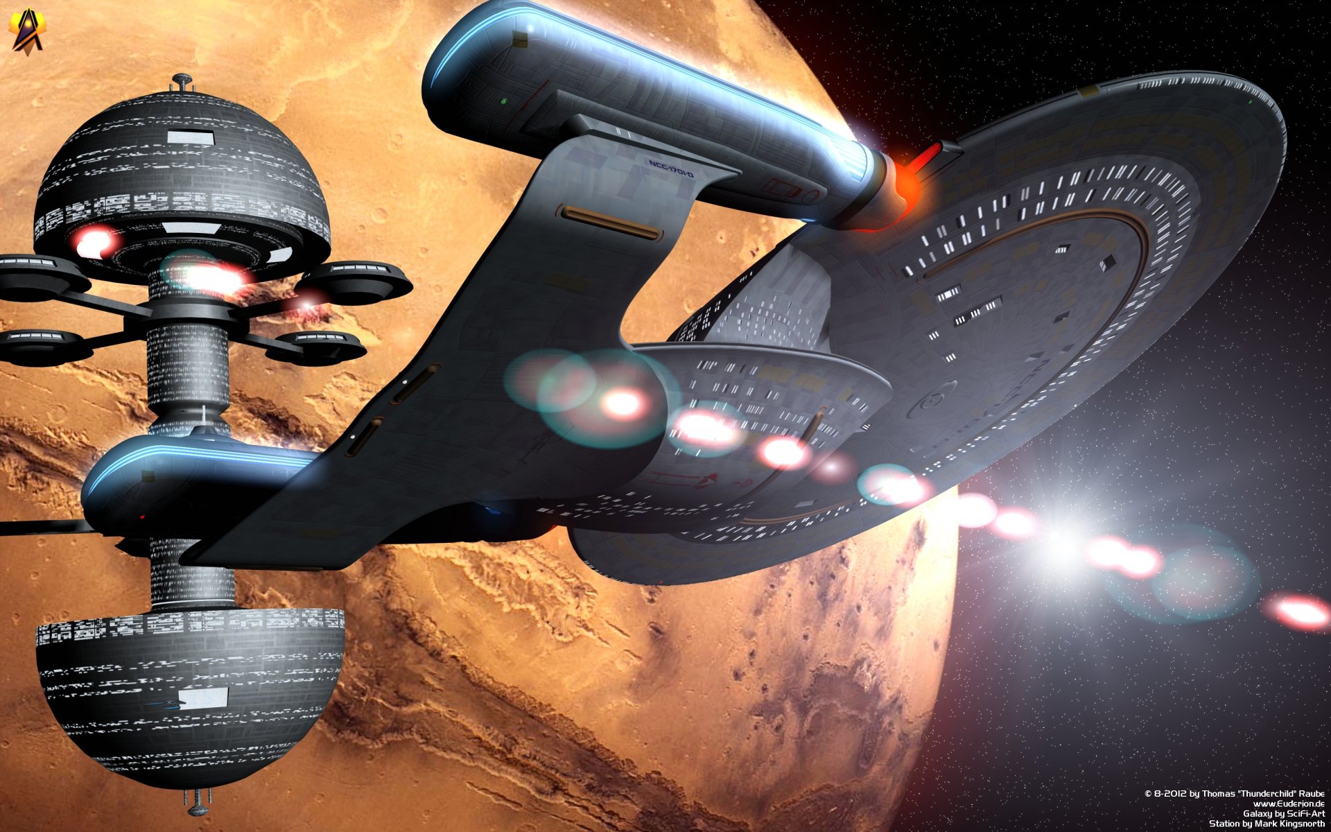 HD PC desktop wallpaper featuring the Starship Enterprise from Star Trek: The Original Series in space near a futuristic station and a red planet.