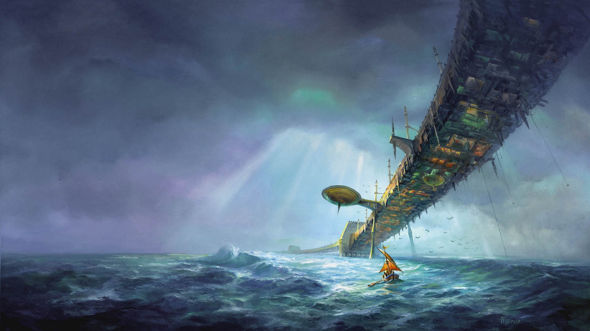 A sci-fi structure extends over a stormy ocean with turbulent waves beneath a dark, cloudy sky, connected to a pier and a small boat navigating the rough waters.