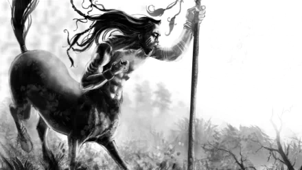 Black-and-white HD fantasy PC desktop wallpaper featuring a powerful centaur holding a staff in a misty forest setting.