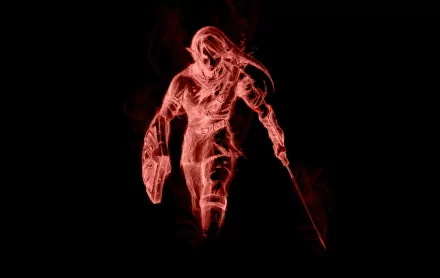 HD PC desktop wallpaper featuring a fiery red silhouette of Link from The Legend of Zelda, wielding a sword and shield against a black background.