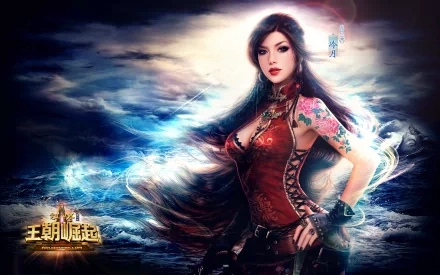 A captivating fantasy tattoo design featuring a woman with flowing hair and intricate body art, set against a dramatic ocean backdrop. A stunning HD desktop wallpaper.