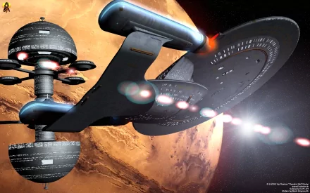HD PC desktop wallpaper featuring the Starship Enterprise from Star Trek: The Original Series in space near a futuristic station and a red planet.